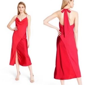 CUSHNIE Red Midi Open Back Drape Neck Slip Dress Size 14